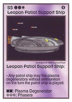 Need: 4    Want: 8    Have: 1    Will Trade: 0    In Storage: 0              S5 ‑ Leopan Patrol Support Ship  Set: AF  Rarity: V2    Artist: Sigmund Frye    