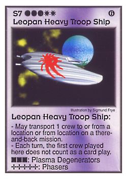 Need: 3    Want: 6    Have: 4    Will Trade: 0    In Storage: 0              S7 ‑ Leopan Heavy Troop Ship  Set: GI  Rarity: U1    Artist: Sigmund Frye    