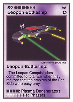 Need: 3    Want: 8    Have: 2    Will Trade: 0    In Storage: 0              S9 ‑ Leopan Battleship  Set: GI  Rarity: U1    Artist: Sigmund Frye    