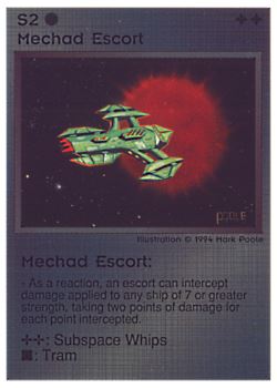 Need: 0    Want: 0    Have: 32 (+91)    Will Trade: 28    In Storage: 27              S2 ‑ Mechad Escort  Set: PE  Rarity: C2    Artist: Mark Poole    