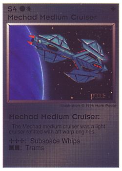 Need: 0    Want: 0    Have: 35 (+101)    Will Trade: 31    In Storage: 29              S4 ‑ Mechad Medium Cruiser (Small Text)  Set: PE  Rarity: U1    Artist: Mark Poole    