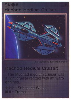 Need: 0    Want: 0    Have: 2 (+134)    Will Trade: 0    In Storage: 1              S4 ‑ Mechad Medium Cruiser (Large Text)  Set: PE  Rarity: U2    Artist: Mark Poole    