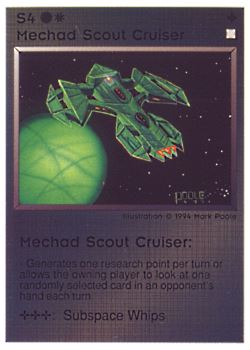 Need: 0    Want: 0    Have: 37 (+107)    Will Trade: 33    In Storage: 30              S4 ‑ Mechad Scout Cruiser (Small Text)  Set: PE  Rarity: U1    Artist: Mark Poole    