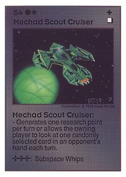 Need: 0    Want: 0    Have: 103 (+41)    Will Trade: 99    In Storage: 28              S4 ‑ Mechad Scout Cruiser  Set: UE  Rarity: R4    Artist: Mark Poole    