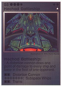 Need: 0    Want: 0    Have: 5 (+39)    Will Trade: 3    In Storage: 2              S8 ‑ Mechad Battleship  Set: PE  Rarity: V1    Artist: Mark Poole    