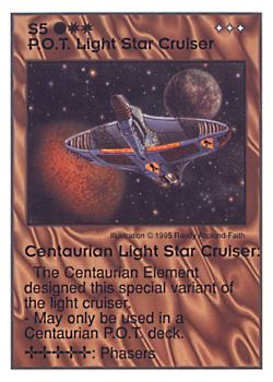 Need: 0    Want: 1    Have: 12    Will Trade: 0    In Storage: 7              S5 ‑ P.O.T. Light Star Cruiser ‑ Centaurian Light Star Cruiser  Set: AT  Rarity: R1    Artist: Randy Asplund‑Faith    
