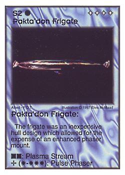 Need: 2    Want: 4    Have: 7    Will Trade: 0    In Storage: 0              S2 ‑ Pakta'don Frigate  Set: AF  Rarity: V1    Artist: Elvis McMaad    