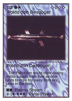 Need: 6    Want: 4    Have: 3    Will Trade: 0    In Storage: 0              S3 ‑ Pakta'don Destroyer  Set: AF  Rarity: V1    Artist: Elvis McMaad    