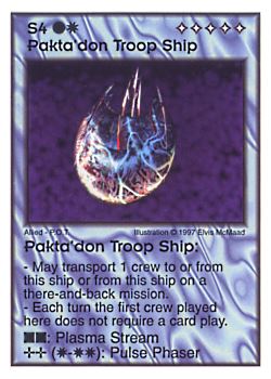 Need: 5    Want: 4    Have: 4    Will Trade: 0    In Storage: 0              S4 ‑ Pakta'don Troop Ship  Set: AF  Rarity: V1    Artist: Elvis McMaad    