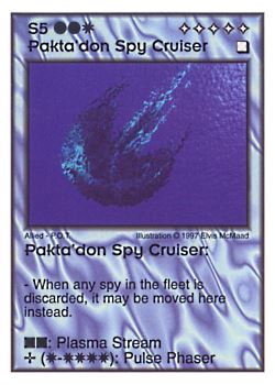 Need: 0    Want: 3    Have: 10    Will Trade: 0    In Storage: 0              S5 ‑ Pakta'don Spy Cruiser  Set: AF  Rarity: R1    Artist: Elvis McMaad    