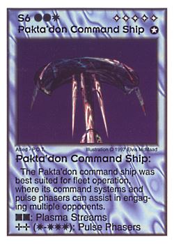 Need: 0    Want: 3    Have: 10    Will Trade: 0    In Storage: 0              S6 ‑ Pakta'don Command Ship  Set: AF  Rarity: R1    Artist: Elvis McMaad    
