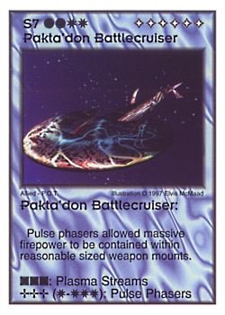 Need: 1    Want: 6    Have: 6    Will Trade: 0    In Storage: 0              S7 ‑ Pakta'don Battlecruiser  Set: AF  Rarity: R1    Artist: Elvis McMaad    