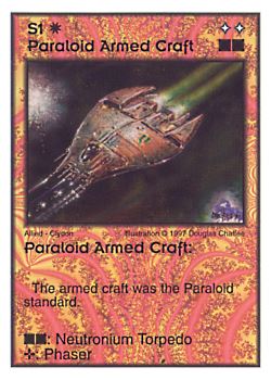 Need: 0    Want: 3    Have: 10    Will Trade: 0    In Storage: 0              S1 ‑ Paraloid Armed Craft  Set: AF  Rarity: R1    Artist: Douglas Chaffee    