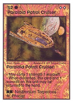 Need: 0    Want: 3    Have: 10    Will Trade: 0    In Storage: 0              S2 ‑ Paraloid Patrol Cruiser  Set: AF  Rarity: R1    Artist: Douglas Chaffee    