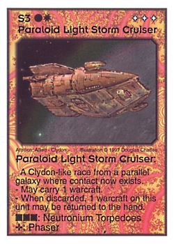 Need: 0    Want: 3    Have: 10    Will Trade: 0    In Storage: 0              S3 ‑ Paraloid Light Storm Cruiser  Set: AF  Rarity: R1    Artist: Douglas Chaffee    