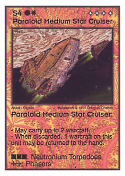 Need: 0    Want: 4    Have: 9    Will Trade: 0    In Storage: 0              S4 ‑ Paraloid Medium Star Cruiser  Set: AF  Rarity: R1    Artist: Douglas Chaffee    