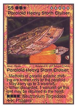 Need: 1    Want: 4    Have: 8    Will Trade: 0    In Storage: 0              S5 ‑ Paraloid Heavy Storm Cruiser  Set: AF  Rarity: R1    Artist: Douglas Chaffee    