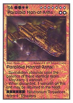 Need: 0    Want: 6    Have: 7    Will Trade: 0    In Storage: 0              S6 ‑ Paraloid Man‑at‑Arms  Set: AF  Rarity: R1    Artist: Douglas Chaffee    