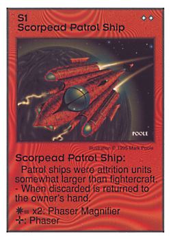 Need: 0    Want: 1    Have: 12    Will Trade: 0    In Storage: 7              S1 ‑ Scorpead Patrol Ship  Set: AT  Rarity: U1    Artist: Mark Poole    