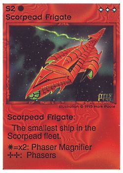 Need: 0    Want: 0    Have: 52    Will Trade: 44    In Storage: 31              S2 ‑ Scorpead Frigate  Set: NE  Rarity: C1    Artist: Mark Poole    