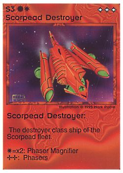 Need: 0    Want: 0    Have: 47 (+127)    Will Trade: 43    In Storage: 30              S3 ‑ Scorpead Destroyer  Set: NE  Rarity: C1    Artist: Mark Poole    
