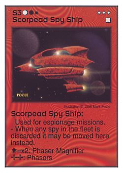 Need: 4    Want: 4    Have: 5    Will Trade: 0    In Storage: 0              S3 ‑ Scorpead Spy Ship  Set: AT  Rarity: U1    Artist: Mark Poole    