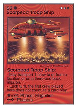 Need: 0    Want: 0    Have: 15    Will Trade: 7    In Storage: 5              S3 ‑ Scorpead Troop Ship  Set: AT  Rarity: R1    Artist: Mark Poole    