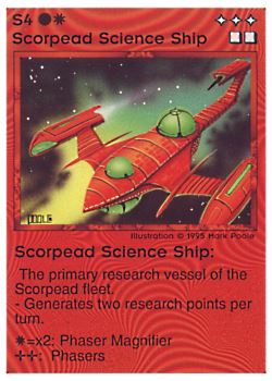 Need: 0    Want: 0    Have: 42 (+127)    Will Trade: 38    In Storage: 24              S4 ‑ Scorpead Science Ship  Set: NE  Rarity: C1    Artist: Mark Poole    