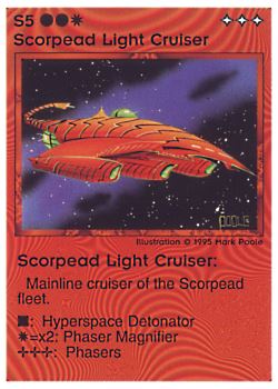Need: 0    Want: 0    Have: 50 (+87)    Will Trade: 46    In Storage: 33              S5 ‑ Scorpead Light Cruiser  Set: NE  Rarity: C1    Artist: Mark Poole    