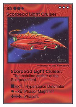 Need: 0    Want: 0    Have: 87 (+50)    Will Trade: 83    In Storage: 34              S5 ‑ Scorpead Light Cruiser  Set: UE  Rarity: R3    Artist: Mark Poole    