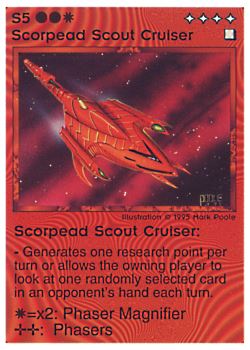 Need: 0    Want: 0    Have: 19 (+96)    Will Trade: 15    In Storage: 14              S5 ‑ Scorpead Scout Cruiser  Set: NE  Rarity: U1    Artist: Mark Poole    
