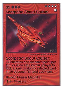 Need: 0    Want: 0    Have: 96 (+19)    Will Trade: 92    In Storage: 41              S5 ‑ Scorpead Scout Cruiser  Set: UE  Rarity: R3    Artist: Mark Poole    