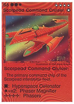 Need: 0    Want: 0    Have: 9 (+45)    Will Trade: 6    In Storage: 5              S6 ‑ Scorpead Command Cruiser  Set: NE  Rarity: R1    Artist: Mark Poole    