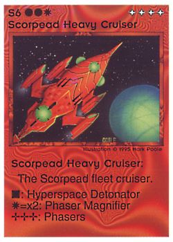 Need: 0    Want: 0    Have: 12 (+42)    Will Trade: 9    In Storage: 8              S6 ‑ Scorpead Heavy Cruiser  Set: NE  Rarity: R1    Artist: Mark Poole    
