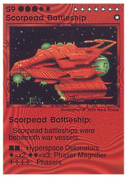 Need: 0    Want: 0    Have: 5 (+32)    Will Trade: 3    In Storage: 2              S9 ‑ Scorpead Battleship  Set: NE  Rarity: V1    Artist: Mark Poole    