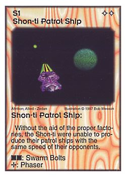 Need: 6    Want: 4    Have: 3    Will Trade: 0    In Storage: 0              S1 ‑ Shon‑ti Patrol Ship  Set: AF  Rarity: V1    Artist: Bob Wesson    