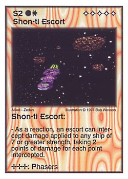 Need: 6    Want: 4    Have: 3    Will Trade: 0    In Storage: 0              S2 ‑ Shon‑ti Escort  Set: AF  Rarity: V1    Artist: Bob Wesson    