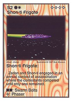 Need: 5    Want: 4    Have: 4    Will Trade: 0    In Storage: 0              S2 ‑ Shon‑ti Frigate  Set: AF  Rarity: V1    Artist: Bob Wesson    