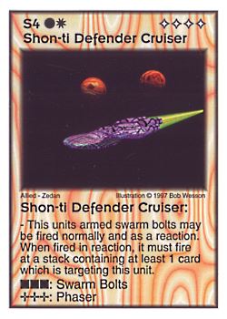 Need: 0    Want: 4    Have: 9    Will Trade: 0    In Storage: 0              S4 ‑ Shon‑ti Defender Cruiser  Set: AF  Rarity: R1    Artist: Bob Wesson    