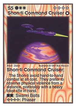 Need: 4    Want: 1    Have: 8    Will Trade: 0    In Storage: 0              S5 ‑ Shon‑ti Command Cruiser  Set: AF  Rarity: R1    Artist: Bob Wesson    