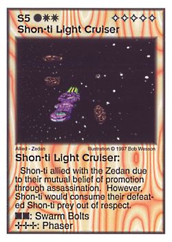 Need: 4    Want: 4    Have: 5    Will Trade: 0    In Storage: 0              S5 ‑ Shon‑ti Light Cruiser  Set: AF  Rarity: V1    Artist: Bob Wesson    