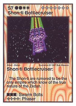 Need: 0    Want: 5    Have: 8    Will Trade: 0    In Storage: 0              S7 ‑ Shon‑ti Battlecruiser  Set: AF  Rarity: R1    Artist: Bob Wesson    