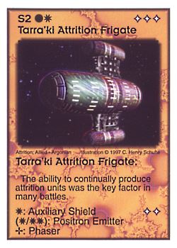 Need: 7    Want: 4    Have: 2    Will Trade: 0    In Storage: 0              S2 ‑ Tarra'ki Attrition Frigate  Set: AF  Rarity: V1    Artist: C. Henry Schulte    