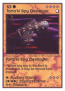 Need: 7    Want: 4    Have: 2    Will Trade: 0    In Storage: 0              S3 ‑ Tarra'ki Spy Destroyer  Set: AF  Rarity: V1    Artist: C. Henry Schulte    