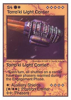 Need: 1    Want: 4    Have: 8    Will Trade: 0    In Storage: 0              S4 ‑ Tarra'ki Light Carrier  Set: AF  Rarity: R1    Artist: C. Henry Schulte    