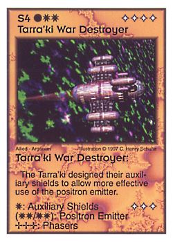 Need: 4    Want: 4    Have: 5    Will Trade: 0    In Storage: 0              S4 ‑ Tarra'ki War Destroyer  Set: AF  Rarity: V1    Artist: C. Henry Schulte    