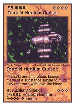 Need: 5    Want: 4    Have: 4    Will Trade: 0    In Storage: 0              S5 ‑ Tarra'ki Medium Cruiser  Set: AF  Rarity: V1    Artist: C. Henry Schulte    