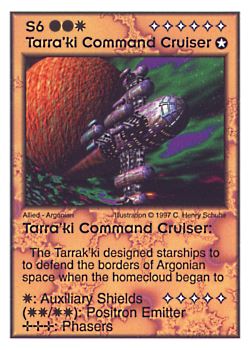 Need: 4    Want: 6    Have: 3    Will Trade: 0    In Storage: 0              S6 ‑ Tarra'ki Command Cruiser  Set: AF  Rarity: R1    Artist: C. Henry Schulte    