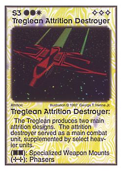 Need: 3    Want: 4    Have: 6    Will Trade: 0    In Storage: 0              S3 ‑ Treglean Attrition Destroyer  Set: AF  Rarity: V2    Artist: George T. Henne Jr.    