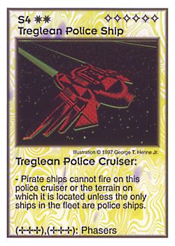 Need: 4    Want: 4    Have: 5    Will Trade: 0    In Storage: 0              S4 ‑ Treglean Police Ship  Set: AF  Rarity: V2    Artist: George T. Henne Jr.    